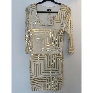 Va Va Voom Women’s Mini Dress Size L Metallic Stripe ¾ Sleeve Stretch V-Neck